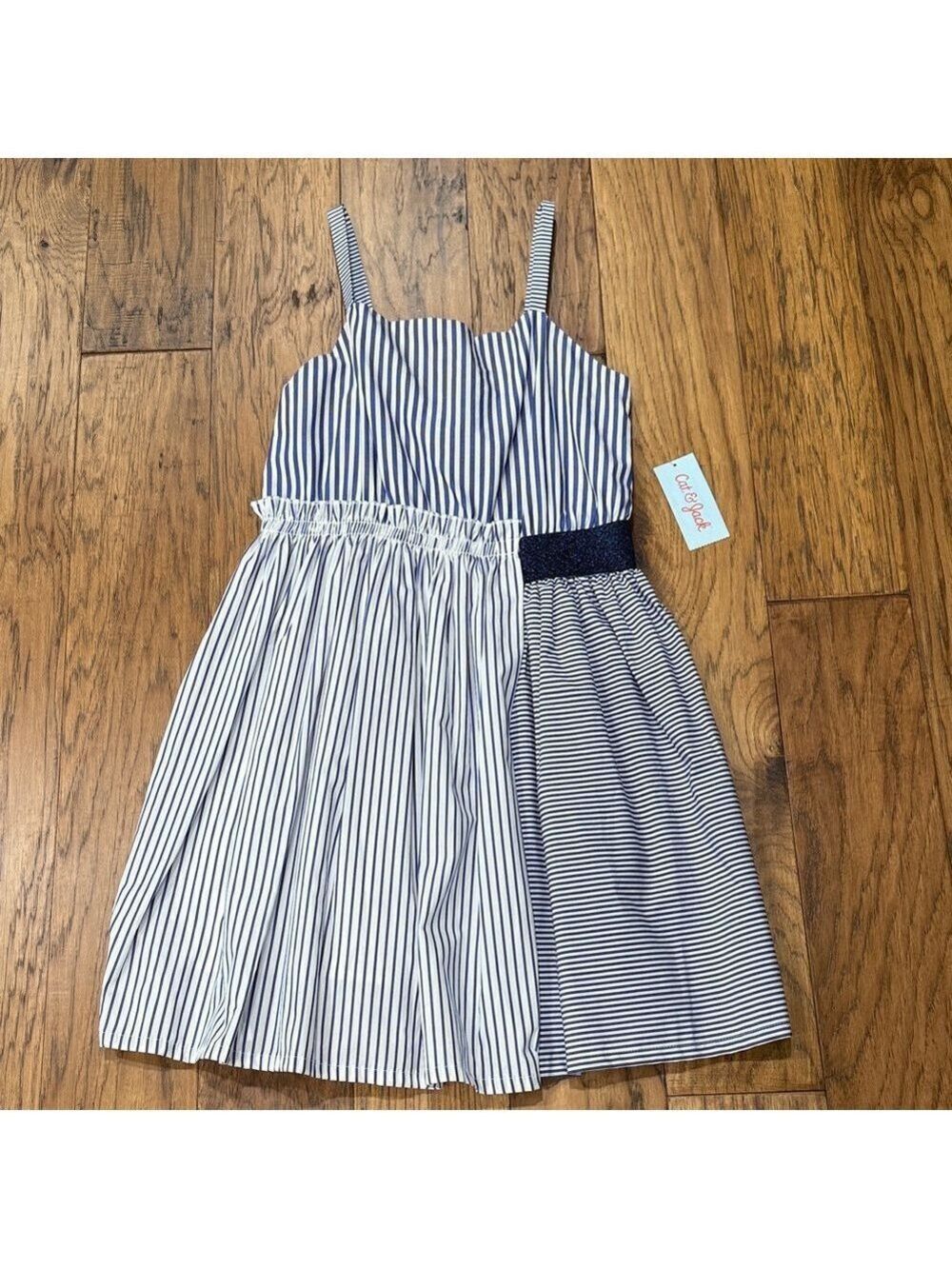 Cat & Jack NWT 100% Cotton Blue and White striped Fit and Flare size XL dress